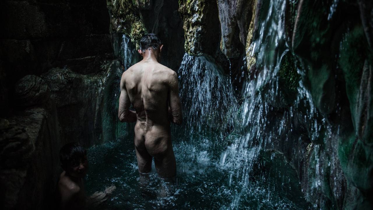 Man bathing in the hot springs