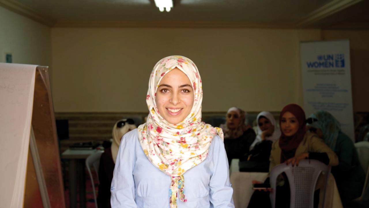 A young woman at a job training programme in Jordan.