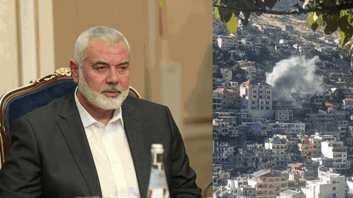Links im Bild: Ismail Haniyeh im Jahr 2022. Rechts: Ein Angriff auf die libanesische Stadt Shebaa im Süden des Zedernstaats, 2024.
