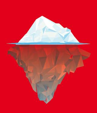 Eisberg, halb unter Wasser auf rotem Hintergrund