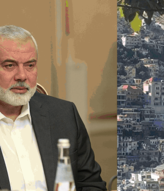 Links im Bild: Ismail Haniyeh im Jahr 2022. Rechts: Ein Angriff auf die libanesische Stadt Shebaa im Süden des Zedernstaats, 2024.