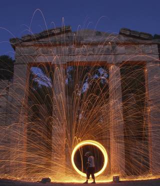Steel wool art display in front of ancient ruins near Shahhat in northeastern Libya